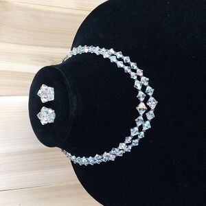 💥💥Vtg Aurora Borealis Crystal two Strand Beaded Necklace with Matching Earings